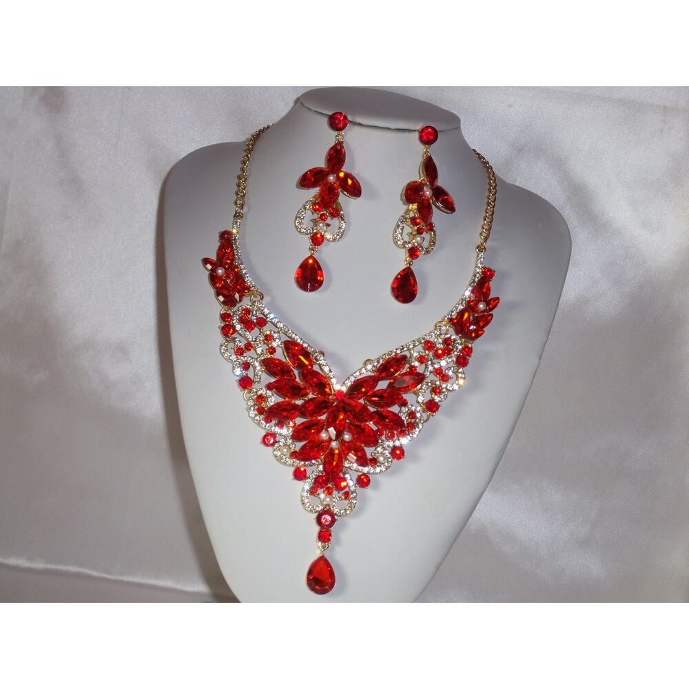 Red necklace set, red rhinestone necklace, statement wedding  red jewelry set